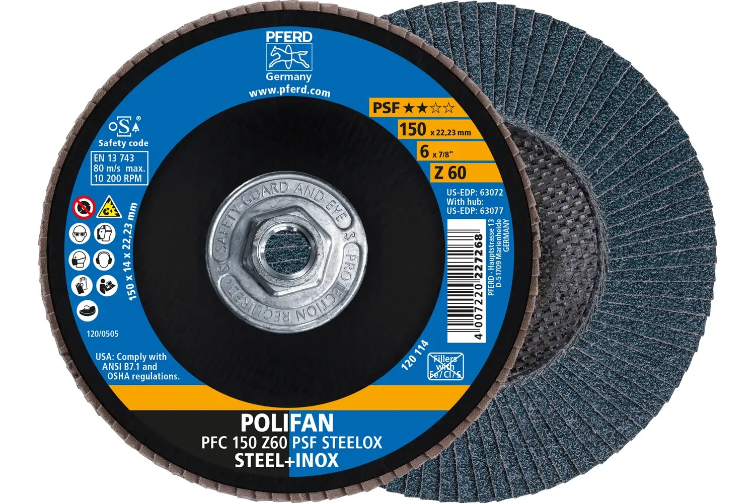 Picture of Pferd Flap Disc, 6" x 5/8-11, Z PSF Steelox, 60 Grit, T29, Conical, Zirconia